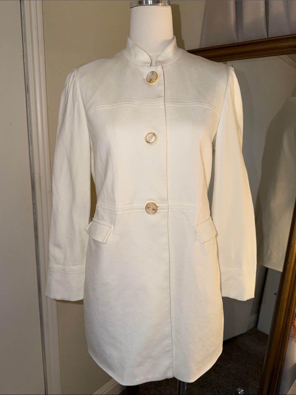 Chico's Ivory Collarless Blazer / Topper Coat with Gold & Ivory Colored Buttons.